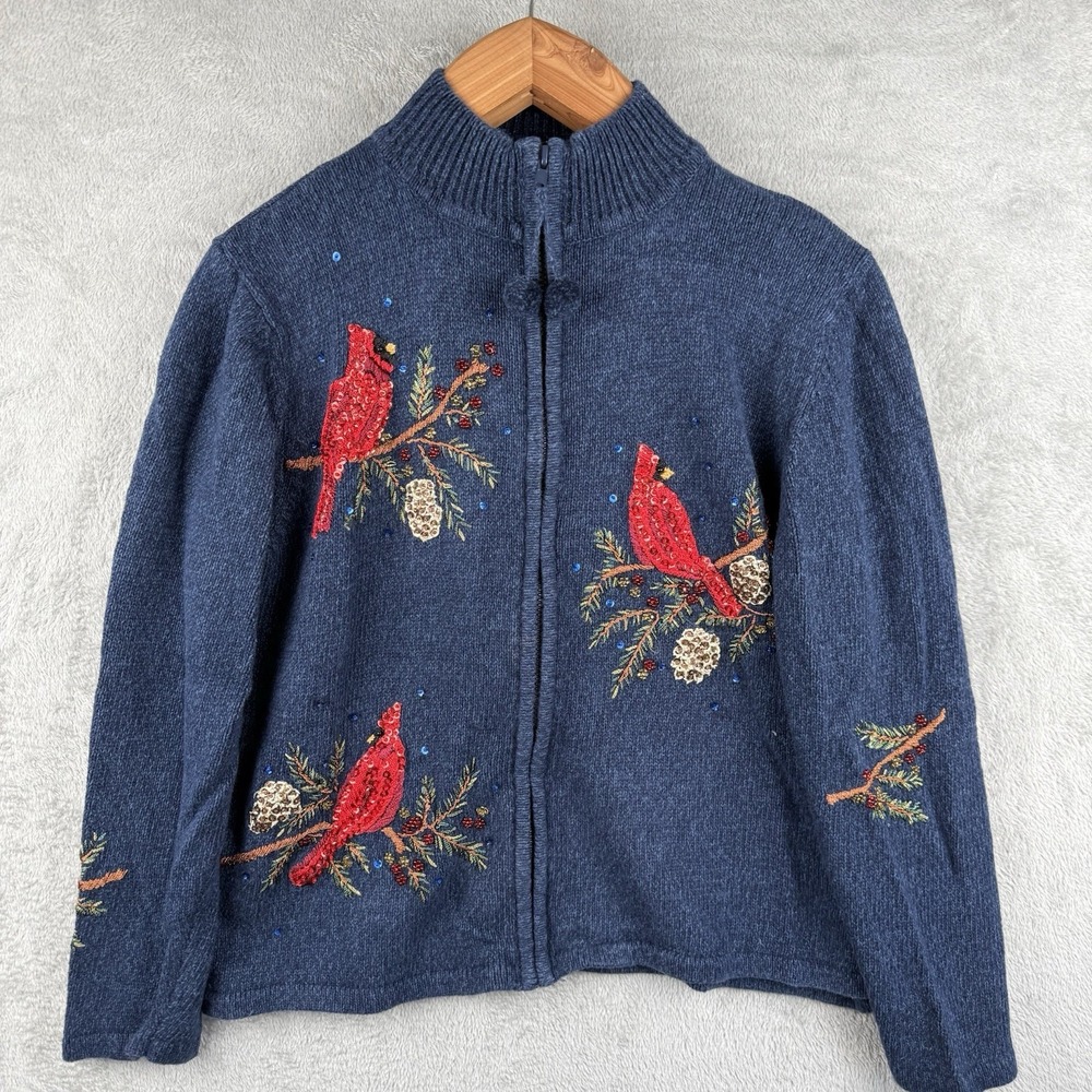 Heirloom Collectibles Cardinals Cardigan Sweater Womens L Embroidered Christmas